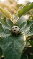 Speckled quail egg nestled on fresh green leaf with morning dew drops in natural garden setting with soft sunlight bokeh background for organic food concepts.