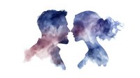 Romantic couple silhouettes in watercolor style, profiles facing each other with dreamy smoke effect in blue and pink hues creating ethereal atmosphere.