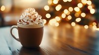 Hot chocolate topped with whipped cream and cinnamon in ceramic mug on wooden table against blurred golden bokeh lights creating cozy winter atmosphere.