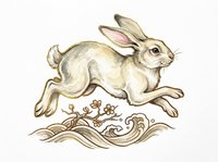 Cream-colored rabbit leaping over decorative foliage, isolated on transparent background. Ready for t-shirt designs, clipart, stickers, sublimation, and print-on-demand products.