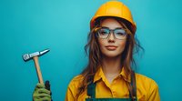 Young female construction worker in yellow hard hat and protective glasses holds hammer against turquoise background. Professional trade portrait.