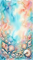 Watercolor ocean background with seashells, starfish, and coral in pastel teal, pink, and peach tones, with copy space for text.