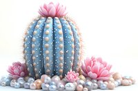 Dreamy blue cactus with pink flowers surrounded by silver and rose gold pearls on white background, fantasy botanical art composition for decorative design.