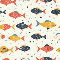 Seamless pattern with coral, navy and yellow fish swimming on cream background with dots. Marine life repeat design for fabric, wallpaper and wrapping paper.