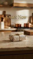 Kraft paper wrapped gift with gold wax seal on marble counter, warm kitchen background, Order Now text for social media promotion.
