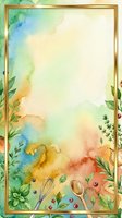 Watercolor cooking frame with golden border, fresh herbs, berries, and kitchen utensils on soft pastel background. Isolated design template for culinary projects, recipes, menus, and food-related graphics.