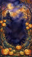 Spooky haunted mansion surrounded by jack-o-lanterns, bare trees, flying bats, and glowing moon in dark purple and orange autumn night sky. Isolated frame design for Halloween posters, invitations, and seasonal decorations.