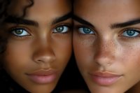 Close up portrait of two diverse young women with striking eyes and natural beauty features, faces side by side showing contrasting skin tones and freckles in artistic composition.