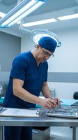 Male surgeon in blue scrubs and surgical cap preparing medical instruments in modern operating room with overhead surgical lights.