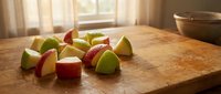 Fresh red and green apple slices on wooden cutting board in bright kitchen with natural sunlight streaming through window for healthy cooking preparation.