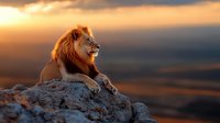 Majestic male lion resting on rocky outcrop during golden hour sunset, powerful big cat wildlife photography for nature and safari themed projects.