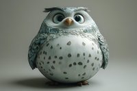 Cute round owl character with big expressive eyes and spotted feathers on light background, stylized cartoon design for animation and children illustration.