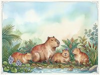 Watercolor capybara family resting by a tranquil river surrounded by lush tropical plants and soft pastel sky, nature wildlife art print.