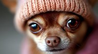 Adorable Chihuahua dog wearing knitted beanie hat close-up portrait showing expressive eyes and tiny nose, pet fashion and winter accessories concept.