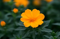 Vibrant orange marigold flower in full bloom against dark green foliage background, creating striking contrast for garden design and floral arrangements.