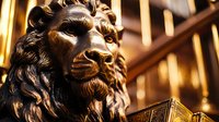Bronze lion head sculpture with intricate mane details and fierce expression against blurred golden background, symbolizing strength, power and nobility in architecture.