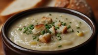 Creamy potato soup with crispy bacon bits and fresh herbs served in rustic bowl. Comfort food for restaurant menus and culinary blogs.