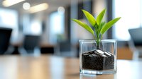 Young green plant growing from coins in glass container with soil, business growth and investment concept on blurred office background.