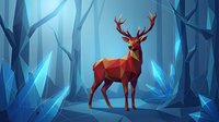 Majestic red deer stag with antlers standing in mystical blue forest. Low poly geometric art style for wildlife and nature themed designs.