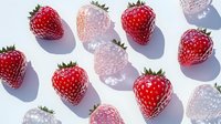 Fresh ripe strawberries casting soft shadows on white background, arranged in diagonal pattern with alternating transparent and solid berries creating modern composition.