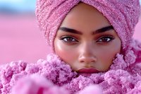 Young African American woman with intense gaze wearing pink towel turban, surrounded by soft pink cotton candy texture creating dreamy atmosphere. Perfect for beauty and spa concepts.