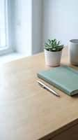 Minimalist workspace with succulent plant, notebook and pen on wooden desk near window for productivity and home office design.