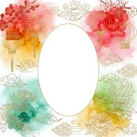 Watercolor Chinese New Year frame with lanterns, cherry blossoms and traditional ornaments on white background for greeting cards and festive designs.