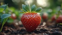 Fresh ripe strawberry growing in organic garden soil with natural bokeh background and green leaves, macro close up view of juicy berry.