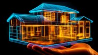 Glowing holographic house model in orange and blue neon wireframe style floating above outstretched hand against black background.