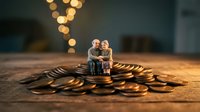 Miniature elderly couple sitting on pile of golden coins with warm bokeh lights above, representing retirement savings and financial security planning.