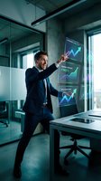 Confident businessman presenting financial growth charts on futuristic holographic display in modern office environment for corporate presentations.
