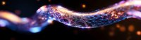 Glowing cosmic energy wave with luminous particles flowing through dark space, creating ethereal light trails against black background.