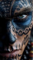 Close-up of face with intricate blue and black tribal makeup, piercing blue eye visible through elaborate pattern for Halloween or festival costume.