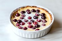 Fresh baked cherry clafoutis in white ceramic baking dish topped with powdered sugar and ripe cherries against marble background.