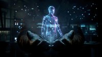 Holographic human figure emerging from person meditating in lotus position with cosmic energy and stars in futuristic digital environment for spiritual technology concepts.