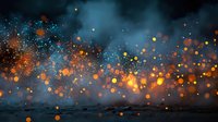 Abstract cosmic background with glowing orange and blue particles floating in space. Bokeh light effects create dreamy atmosphere for digital art projects.
