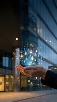 Hand holding glowing digital network with connected people icons representing social media, communication technology and business networking concepts.