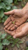 Mature male hands holding delicate seedling with roots exposed in garden setting, symbolizing growth, nurturing, and environmental care for agricultural and sustainability concepts.