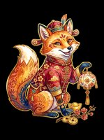 Ornate fox character wearing traditional Asian-inspired red and gold embroidered robes with decorative crown, holding lantern and surrounded by coins and flowers, isolated on transparent background for t-shirt design, stickers, and print-on-demand products.