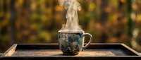 Steaming hot water pours into a rustic ceramic mug on wooden tray outdoors, perfect for beverage, tea, coffee, and lifestyle content.
