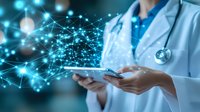Medical professional in white coat using digital tablet with glowing network visualization and connection points emerging, representing healthcare technology advancement.