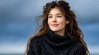 Young woman with long brown hair wearing dark knit sweater smiling against blurred blue background, conveying happiness and confidence.