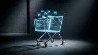 Digital shopping cart with glowing blue holographic interface displaying online retail technology and e-commerce innovation in futuristic dark environment.