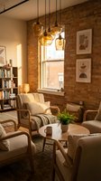 Modern living room interior with exposed brick wall, pendant lighting, comfortable armchairs and coffee table creating cozy atmosphere for home design.