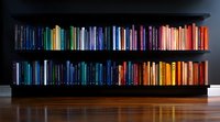 Books arranged by color spectrum on black wooden shelves against dark wall, creating rainbow gradient effect from blue to orange. Modern home library interior.