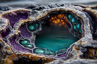 Macro photography of natural amethyst geode crystal formation with vibrant purple and turquoise colors inside rough stone texture showing mineral deposits.