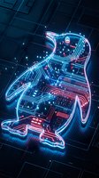 Digital penguin silhouette with glowing circuit board patterns and neon lights on dark tech background for modern technology designs.