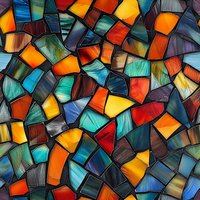 Vibrant mosaic pattern with irregular stained glass pieces in orange, turquoise, blue and red creating abstract geometric design. Seamless repeat for fabric and decor.