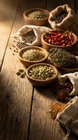 Assorted spices and herbs in wooden bowls on rustic table with burlap sacks for culinary cooking and seasoning ingredients in warm natural lighting.