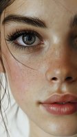 Close-up portrait of young woman with freckles, natural makeup, long eyelashes and gray-blue eyes. Soft skin texture for beauty and skincare concepts.